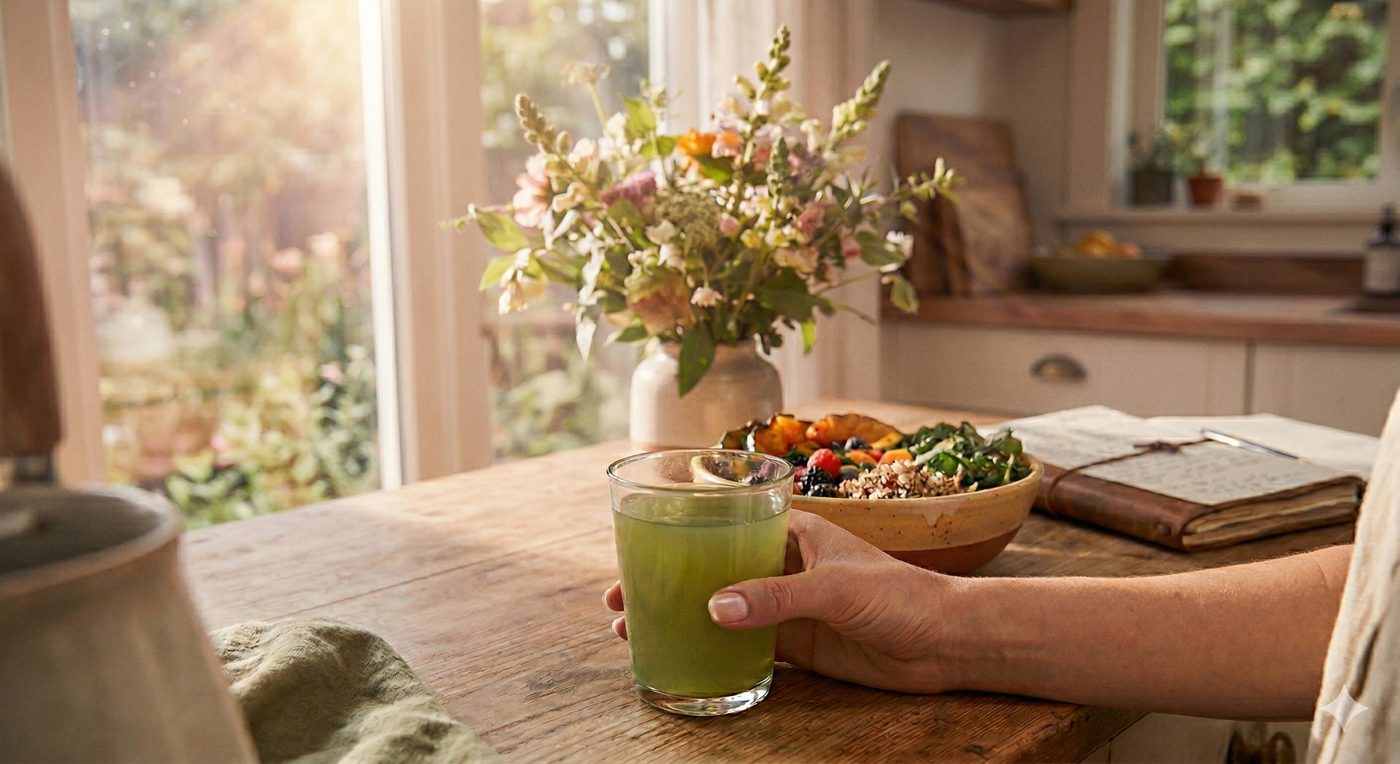 A hand resting on a green herbal drink at a sunlit wooden kitchen table, beside a grain bowl, a worn journal and a jug of garden flowers